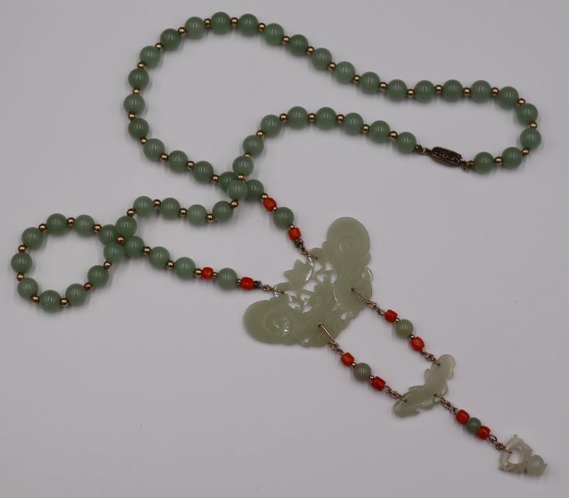 JEWELRY. Gilt Silver, Jade and Coral Necklace. (1 of 9)