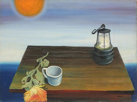 BOGUSZ, Marian. 1954 O/C "Still Life with Mining: Lamp." Signed lower right. Inscribed with title and date verso. Marian Bogusz, Polish, 1920 - 1980. From the estate of a NYC art restorer. Dimensions: 27.25" high x 37.25" wide. Condition: Unframed, g