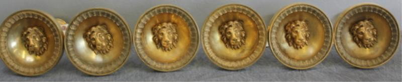 Set of 6 Antique Lion Motif Curtain Tie Backs.: From a NYC apartment. Dimensions: 7" wide x 7.5" deep.