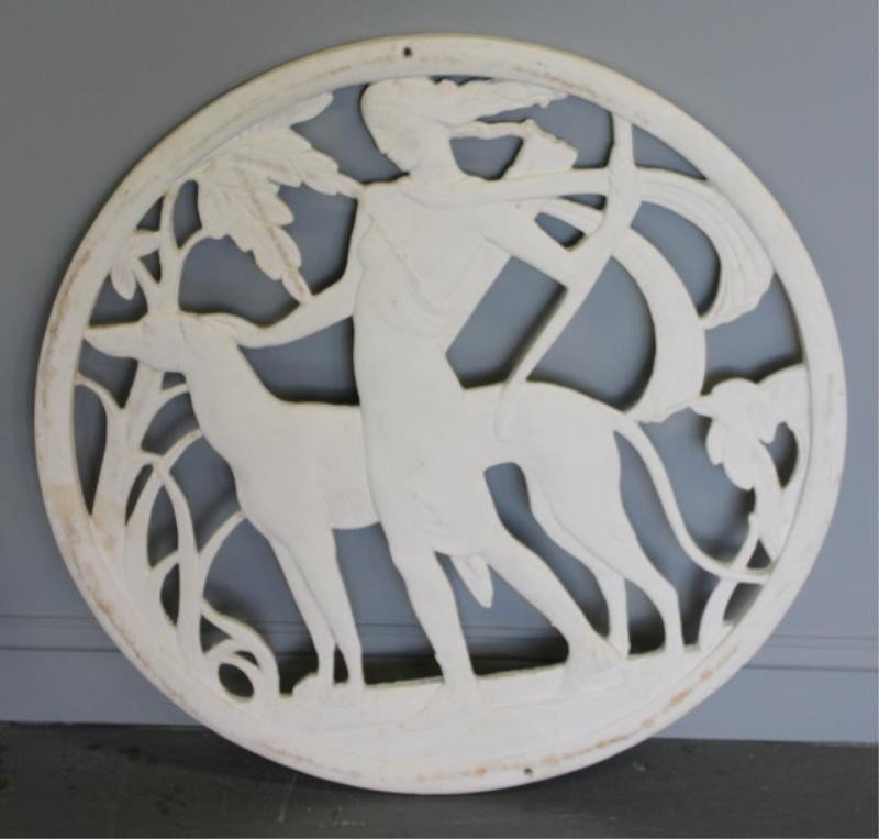 Midcentury Plaster Plaque of Diana, Roman Goddess: of hunting, nature and the moon. From a Greenwich, CT home. Dimensions: 33" diameter. Condition: Some scuffs.
