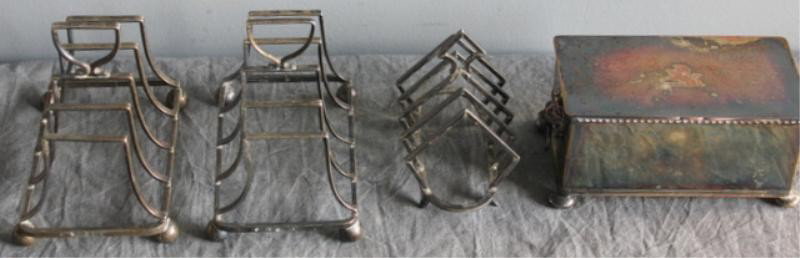 Sterling and Silverplate Lot Including a: Hallmarked Toast Rack. Sterling toast rack and silverplate toast rack measure 4.25" wide x 3" deep x 3.25" high. Mappin and Webb toast rack - 3.5" x 3.5" x 2.25." A silverplate inkwell box - 5" wide x