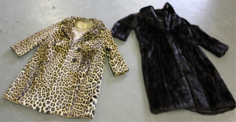 Fur Jacket Lot Including Mink Coat and Vintage: Leopard Coat. Mink is labeled Bonwit Teller and Leopard is labeled Furs by Singer, Larchmont. From a Greenwich, CT estate. Condition: One 3/4" x 1.5" split on back shoulder of leopard coat.