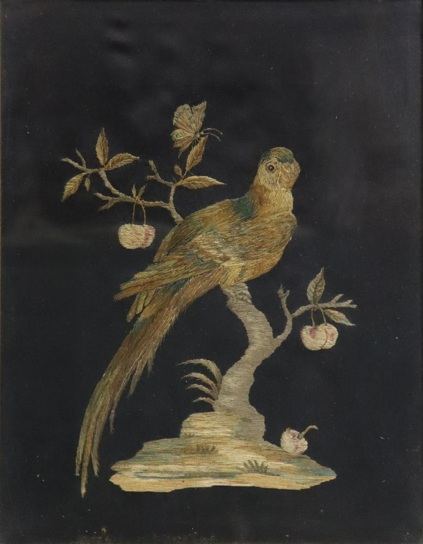 English Embroidered portrait of Parrot on Apple: Tree branch. Unsigned. Framed in antique frame. From a Bronx, NY estate. - Dimensions: 13 h x 10" w. Frame: 16.5" h x 13.5" w.