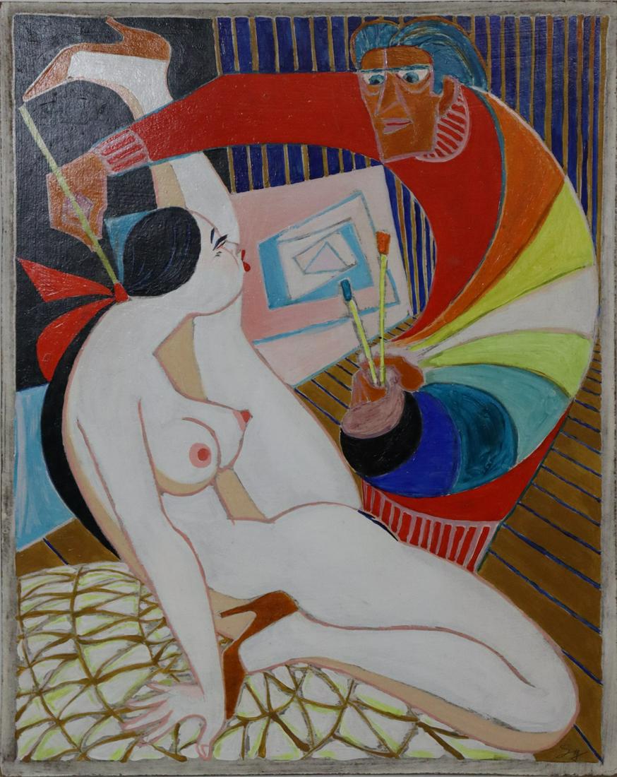 SY? SIGNED OIL ON BOARD. CUBIST NUDE.: Cubist style figurative nude. Oil on board. Signed to lower right. Artist name to verso "Sygililla". From a Bronx, NY estate. - Dimensions: 20" h x 16" w.