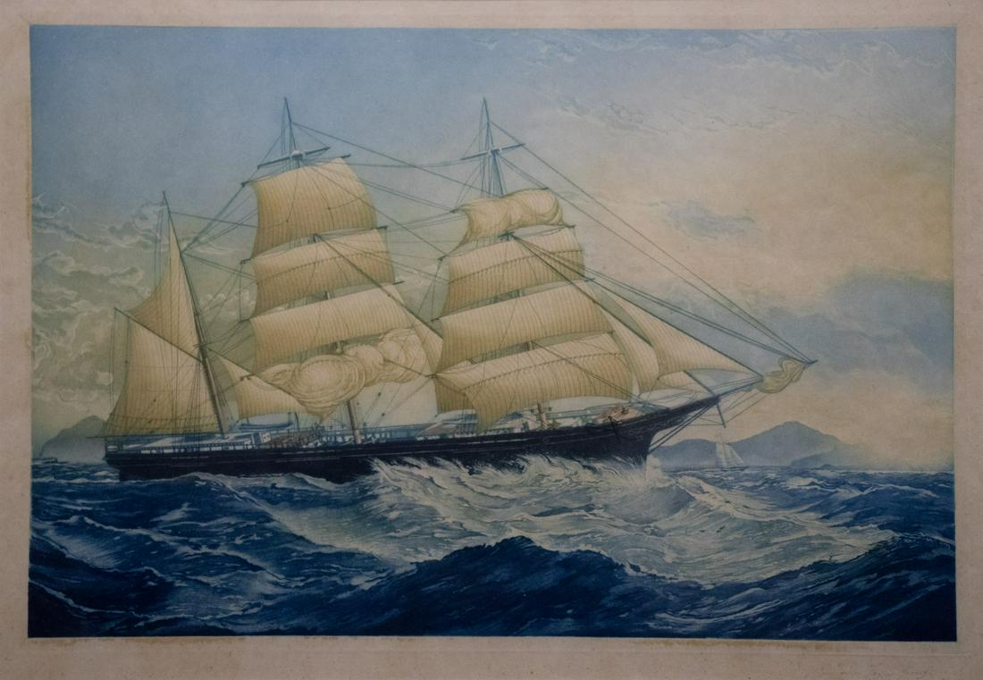 JOHN TAYLOR ARMS (U.S., 1887-1953).: Sail ship. Colored aquatint with Certificate of Authenticity. Signed to lower left. From a White Plains, NY estate. Dimensions: 11.75" h x 17.75" w. Frame: 22" h x 27.5" w.