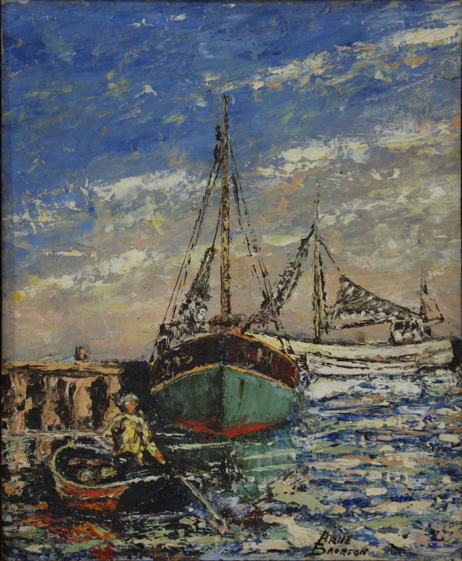 ARNE BRONSON. OIL ON MASONITE.: Docked boats. Oil on masonite. Signed lower right. From a Roslyn, NY estate. - Dimensions: 11" h x 8" w. Frame: 12.5" h x 10.25" w.
