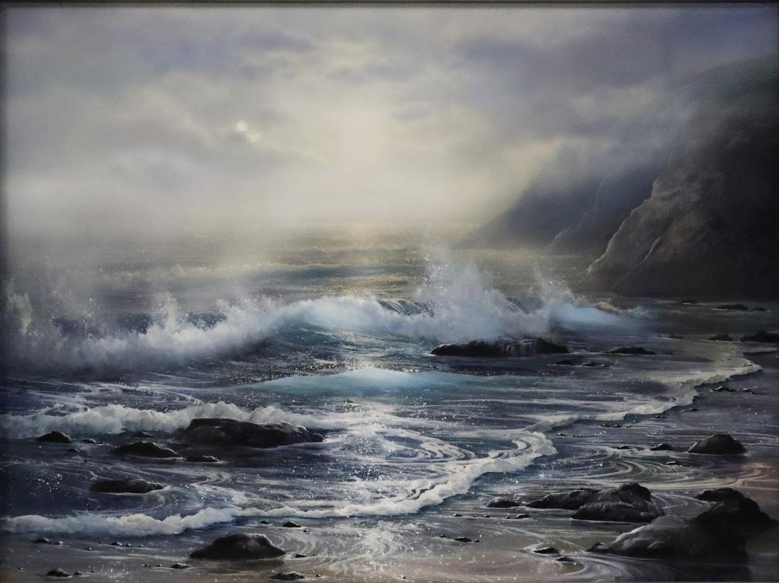 RAYMOND PAGE (AMERICAN, 1945-1995).: Seascape. Oil on canvas. Signed to lower right. Plaque to lower center. From a Greenwich, CT estate. Dimensions: 14.5" h x 18.5" w. Frame: 22" h x 25.75" w.