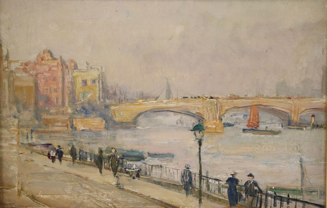 UNSIGNED. OIL ON BOARD CITY RIVER SCENE. (1 of 6)