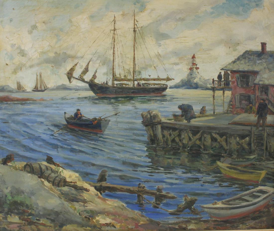 LARGE HARBOR SCENE. OIL ON CANVAS. (1 of 5)