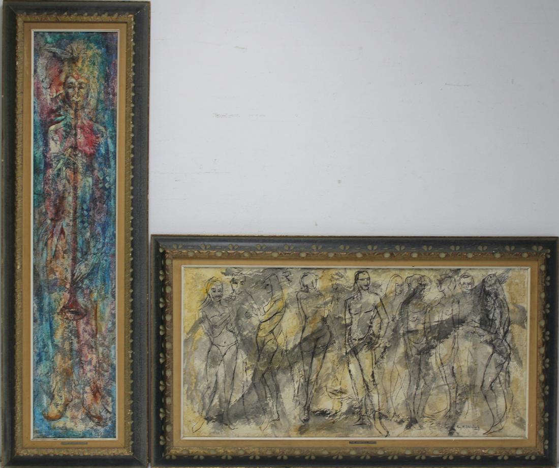 (2) ROY M. STEINBERG (U.S.A., 20TH CENTURY).: Pair. "Cocktail Party" and "Jest a Hornblower". Oil on Masonite. From a Harriman, NY estate. Dimensions: 18" h x 36" w. Frame: 24" h x 32" w. and 42" h x 9