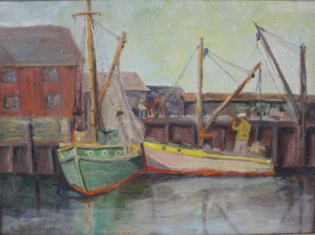 EMILE ALBERT GRUPPÉ (AMERICAN, 1896-1978).: Docked sailboats. Oil on board. Signed to lower right. From a Riverhead, Long Island, NY estate. - Dimensions: 19" h x 23.75" w. Frame: 14" h x 19"w .