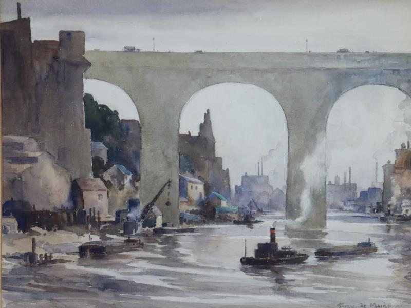 HARRY DeMAINE (U.S., 1880-1951).: The High Bridge in Bronx NY. Watercolor. Signed lower right. From a Rye, NY estate. - Dimensions: 20" h x 25.5" w. Frame: 29" h x 34" w.