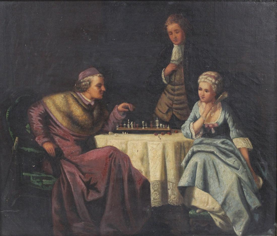 CHESS PLAYERS. OIL ON BOARD. (1 of 3)