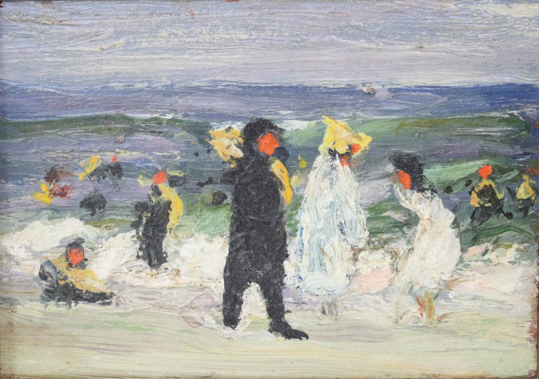 IMPRESSIONIST BEACH SCENE. OIL ON BOARD. (1 of 3)