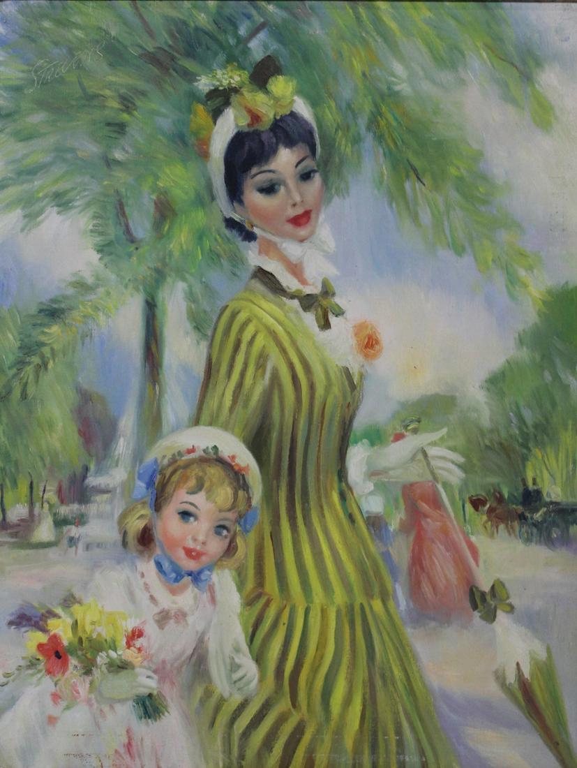 JOHN STREVENS (BRITTAIN, 1902-1990).: Edwardian Lady and young girl at a park. Oil on canvas. Signed top left. From a Stanford, CT estate. - Dimensions: 18" h x 14" w. Frame: 24" hx 19.75" w.