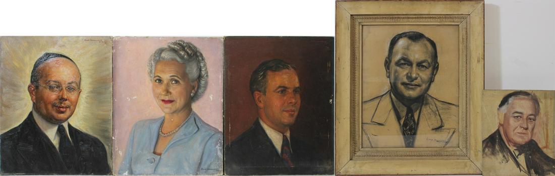 (5) DAVID IMMERMAN (U.S.A., 1903-2001).: Grouping of 5 portraits. 4 Oil on board portraits. 1 Charcoal on paper. Two signed top right, two signed lower right, one signed to verso. From a New Rochelle, NY estate. Dimensions: (3) 20" h x 