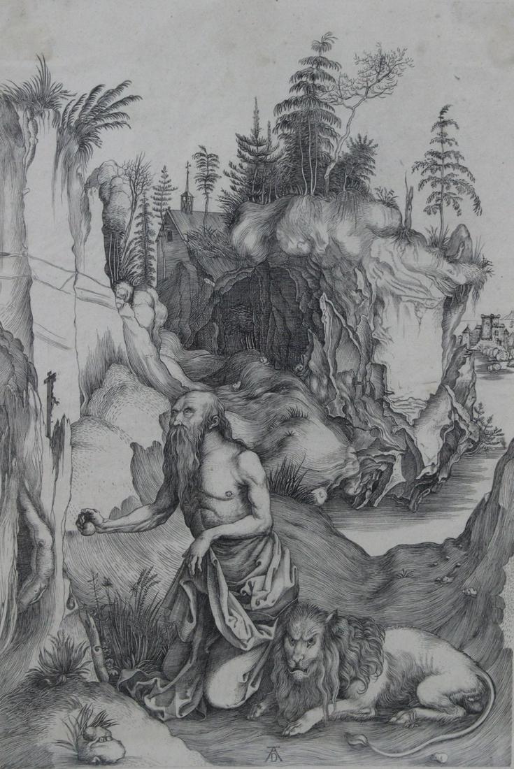 AFTER ALBRECHT DURER (GERMANY, 1471-1528).: "St. Jerome in the wilderness". Woodcut print. Monogrammed to lower center. From a Scarsdale, NY estate. Dimensions: 12.25" h x 8.5" w. Frame: 19.5" h x 15.5" w.
