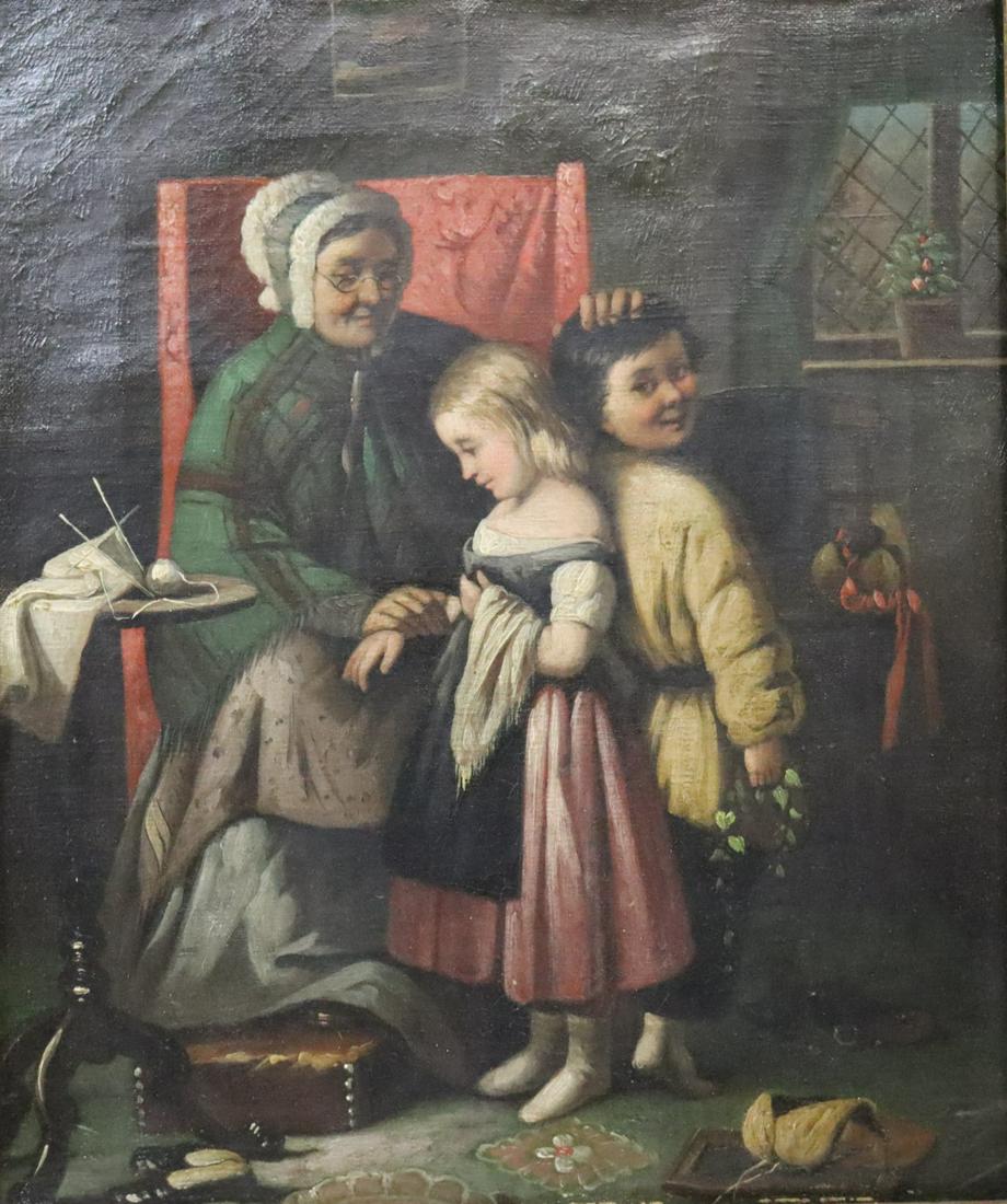 UNSIGNED. OIL ON CANVAS. LADY WITH CHILDREN. (1 of 3)