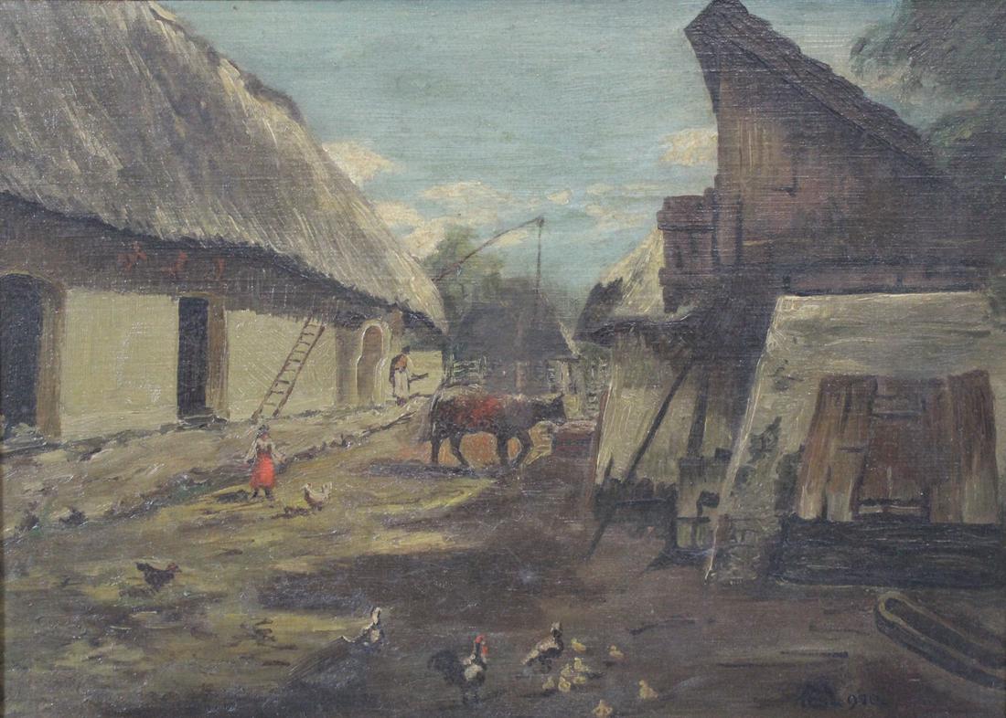19TH CENTURY VILLAGE SCENE. OIL ON BOARD. (1 of 4)