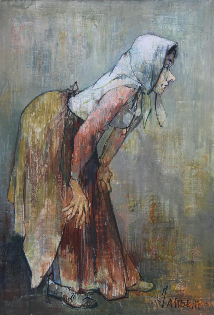 JEAN JANSEM (FRENCH, 1920-2013).: Woman Leaning. Oil on canvas. Signed lower right. Indistinct stamps verso. From a Rye, NY estate. - Dimensions: 21.5" h x 15" w.
