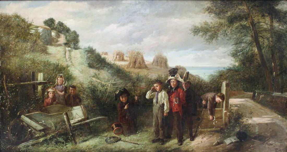 CHARLES HUNT SR. (BRITISH, 1803-1877).: Children Playing in the Countryside. Oil on canvas. Signed with monogram at lower left. From an Ossining, NY collection. - Dimensions: 19.5" h x 35.75" w.