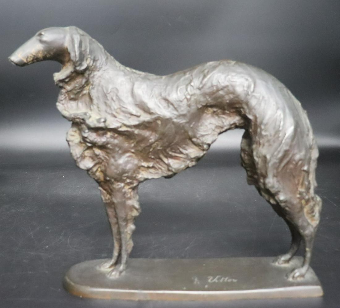 FRANK VITTOR (AMERICAN, 1888-1966).: Bronze sculpture of a Borzoi dog bronze. Signed in script "Fr. Vittor". No foundry mark evident. Fine casting and a dark patina. From a New Rochelle, NY estate collection. - Dimensions: 12" h x 13.5" 