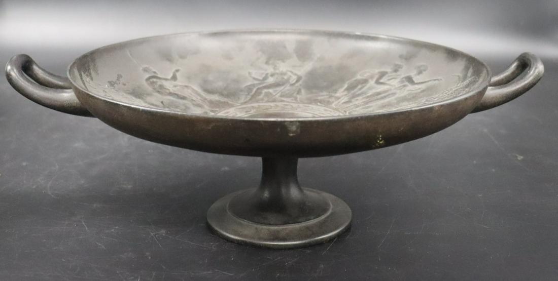 Patinated Metal Tazza "Art Union Of London 1851".: The tazza with neoclassical figures in relief. Marked on base "Art Union Of London 1851". From a Larchmont, NY estate. - Dimensions: 5.5" h x 16.5" dia.