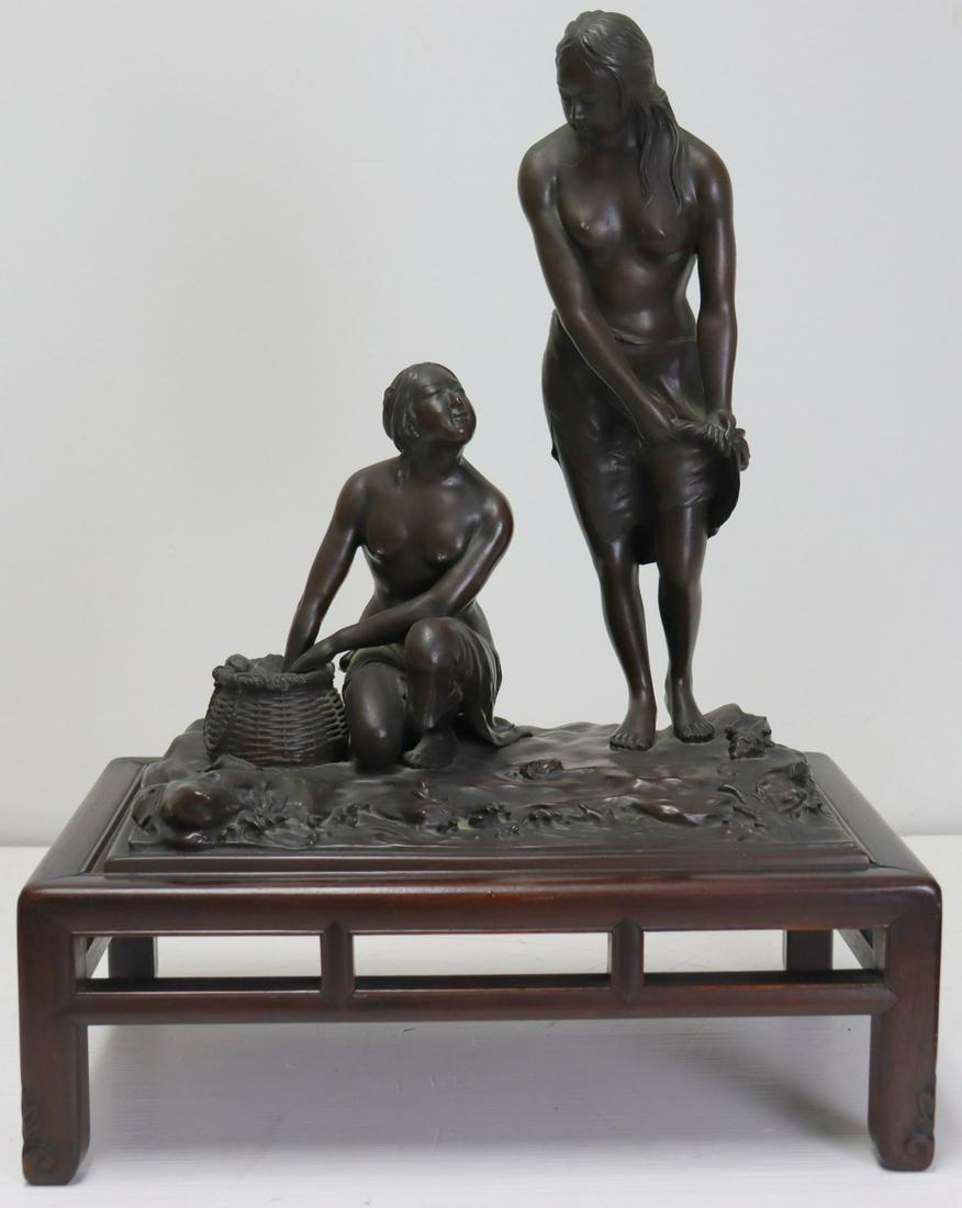 Signed Asian Bronze Sculpture On Stand. (1 of 15)
