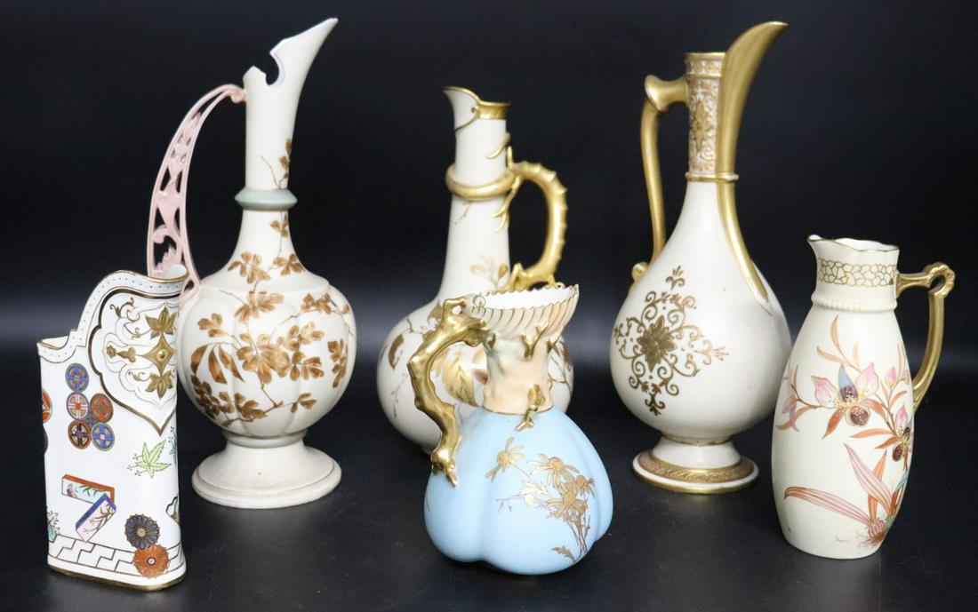 (6) Worcester & English Porcelain Jugs / Ewers: In assorted sizes ranging from 14.5"H to 7.5"H. From a Harrison NY collection.