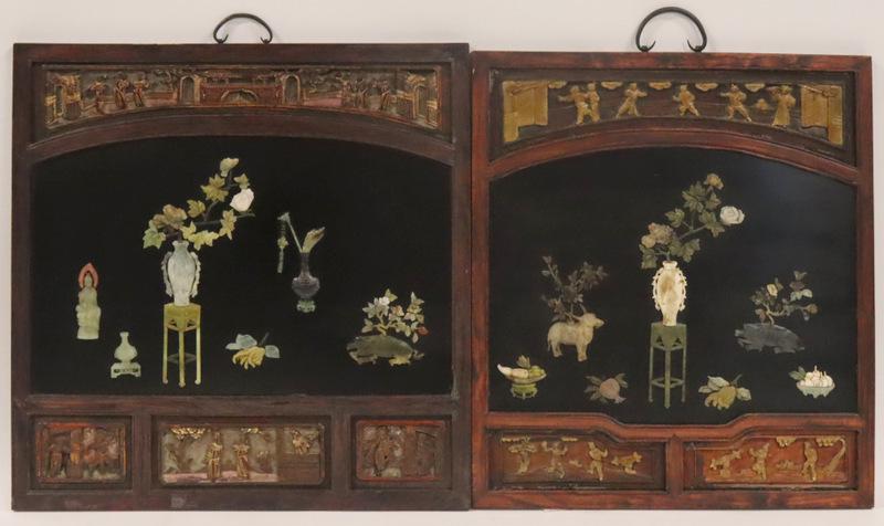 Near Pair of Chinese Hardstone Inlaid Panels. (1 of 20)