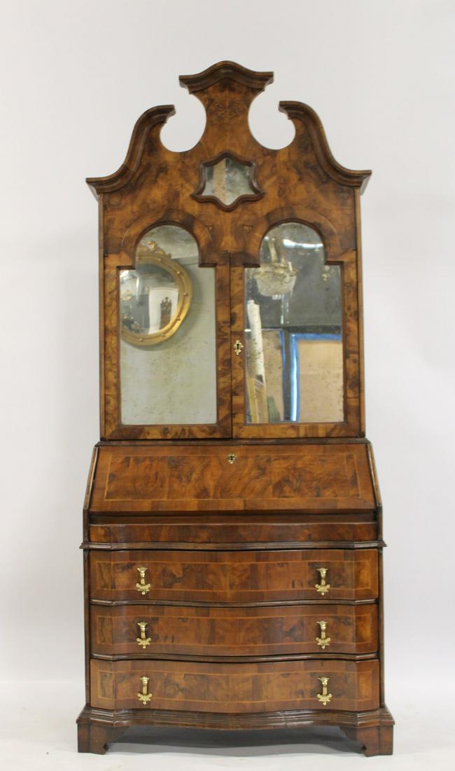 Antique Italian Walnut Mirrored Secretary Bookcase.: A wonderful cabinet with shaped top, nice grain and patina and mirror. From a Cos Cob, CT estate. - Dimensions: 96" h x 40" w x 20" d.