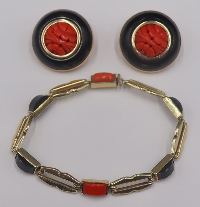 JEWELRY. 3 Pc. Art Deco Style 14kt Gold, Coral and (1 of 14)
