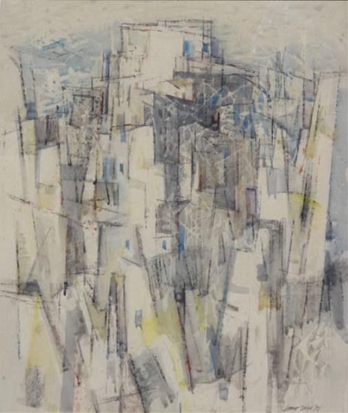 DODD, Lamar. 1957 Watercolor. Modernist Cityscape.: Signed and dated lower right. Lamar (William) Dodd, American, 1909 - 1996. Dimensions: 23.5" high x 19.5" wide. Condition: Good, not examined out of frame.