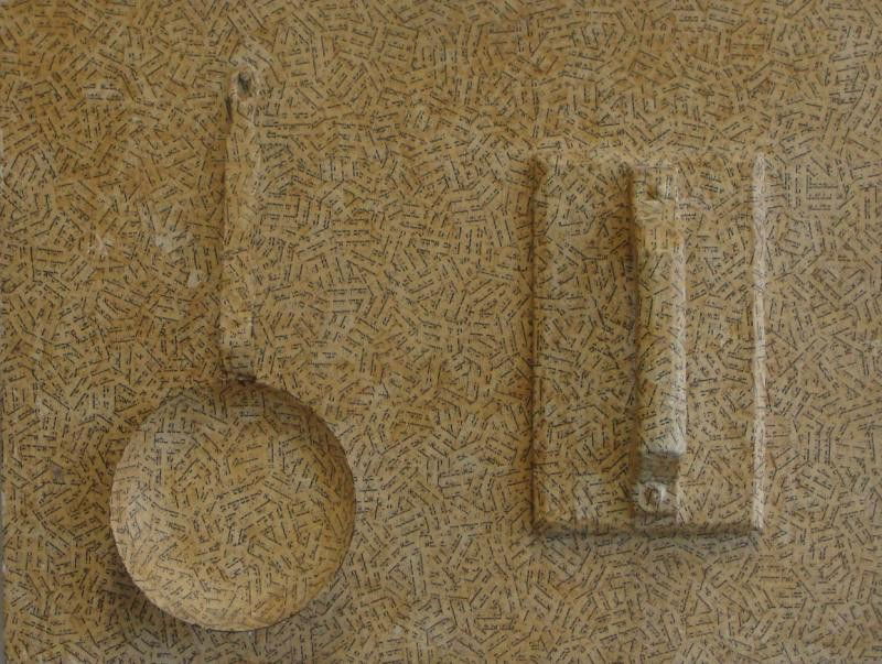 KOLAR, Jiri. 1968 Mixed Media Collage "Sign for: the Bricklayer Mess." Signed, dated, and titled verso. Wallard Gallery label, Albright-Knox Art Gallery label, and Guggenheum Museum exhibition label verso. Jiri Kolar, Czech, 1914 - 2002. From a Scar