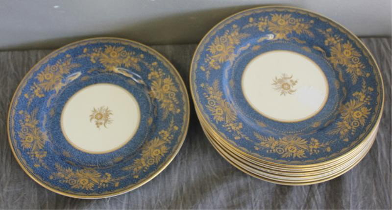 10 Minton Porcelain Dinner Plates.: Gilt decoration on a mottled blue background. From a Park Ave NYC estate. Dimensions: 10.75" diam.