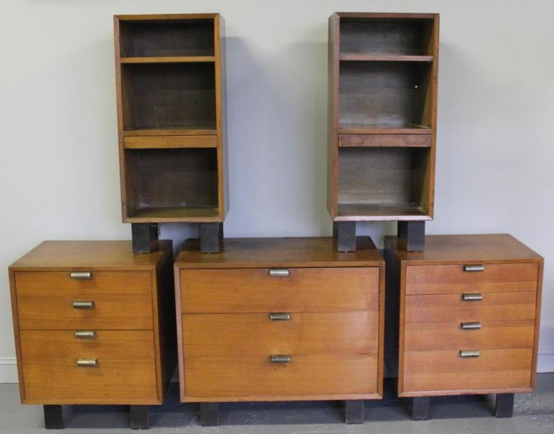 GEORGE NELSON Midcentury Bedroom Set.: Includes a pair of chests, low dresser and a pair of tall end tables. From a Long Island estate. Dimensions: chests - 24" wide x 18.5" x 29" high; dresser - 34" wide x a8.5" x 30" high; end tables - 1