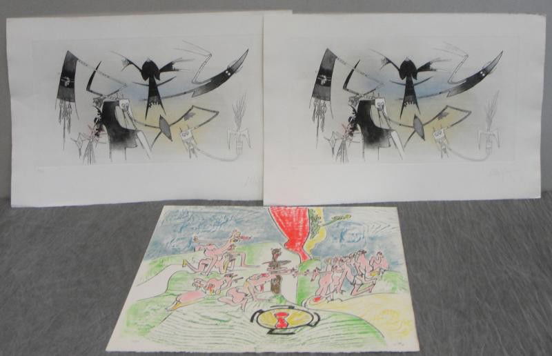 3 Unframed Prints. 2 LAM Etchings & 1 MATTA Litho.: From a Scarsdale, NY collector. Wifredo Lam, Cuban, 1902-1982: Etchings are pencil signed lower right and from an edition of 100. Roberto Matta,Chilean-French, 1912-2002: Lithograph is pencil signed l
