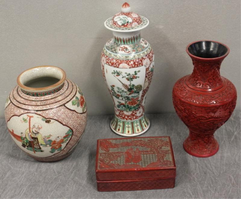 4 Pc. Asian Lot incl. Cinnabar Covered Box,: Cinnabar Vase and 2 Asian Porcelain Vases. From a White Plains collector. Dimensions: tall vase is 13" high.