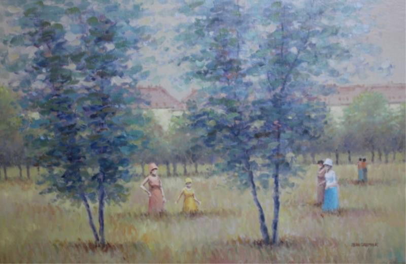 DAUMIER, Jean. Oil on Canvas of Women in a Field.: Vintage. Signed lower right. Jean Daumier, French, b. 1948. From a New Rochelle, NY estate. Dimensions: 24" high x 36" wide.