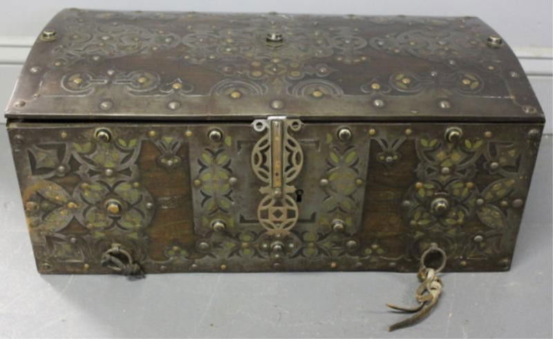 Middle Eastern Dome Top Trunk.: Possibly Syrian antique steel and brass bound dome top trunk. High quality steel work. No key. From a NYC apartment. Dimensions: 22" wide x 11.75" deep x 8.25" high.