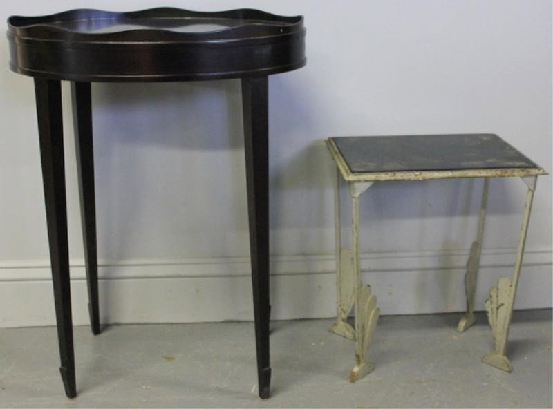 Vintage Deco Iron Stand with Black Glass Top.: With a Baker tray top small table. From a Larchmont, NY estate. Dimensions: Iron stand - 13" w x 9.75" d x 15.25" h. Tray top table - 12" w x 18" d x 24.5" h.