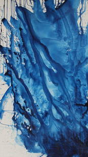 CONOR MCCREEDY (SOUTH AFRICAN, B.1987).: "Blue Up Flow". Pigments on French linen. 2011. Signed, dated and inscribed on reverse. From a West Side, NYC collection. - Dimensions: 78" h x 44" w.