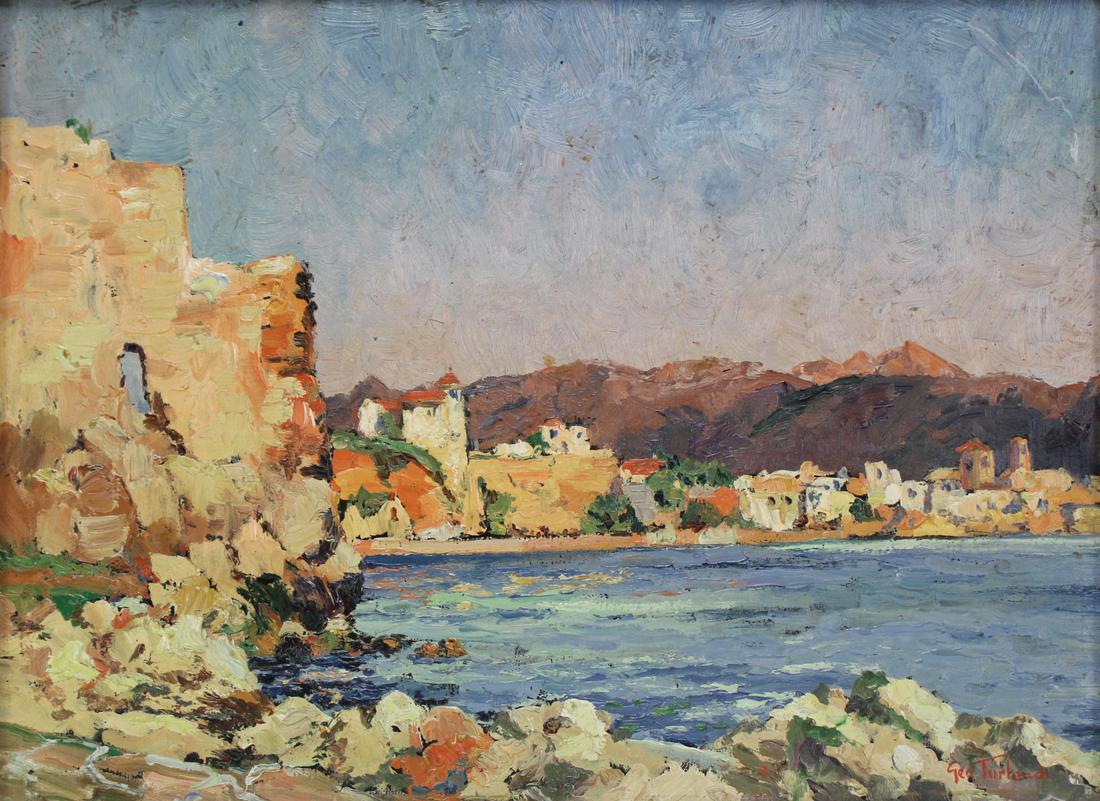 GEORGE TURLAND GOOSEY (AMERICAN, 1877-1947).: Coastal View. Oil on board. Signed at lower right. From a Harrison, NY collection. - Dimensions: 12" h x 16" w.