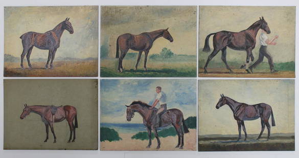 PAUL BROWN (AMERICAN, 1893-1958).: ESTATE STAMPED >> (Group of 6) Horse Scenes. Oils on canvas-board. Unsigned. Each with artist's estate stamp. From the Long Island, NY estate of Paul Brown. - Dimensions: Each: 9" h x 12" w.