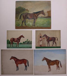 PAUL BROWN (AMERICAN, 1893-1958).: ESTATE STAMPED >>(Group of 5) Horse Scenes. Oils on canvas-board, (1 on board). Unsigned. Each with artist's estate stamp. From the Long Island, NY estate of Paul Brown. Dimensions: 16" h x 20" w./ (p