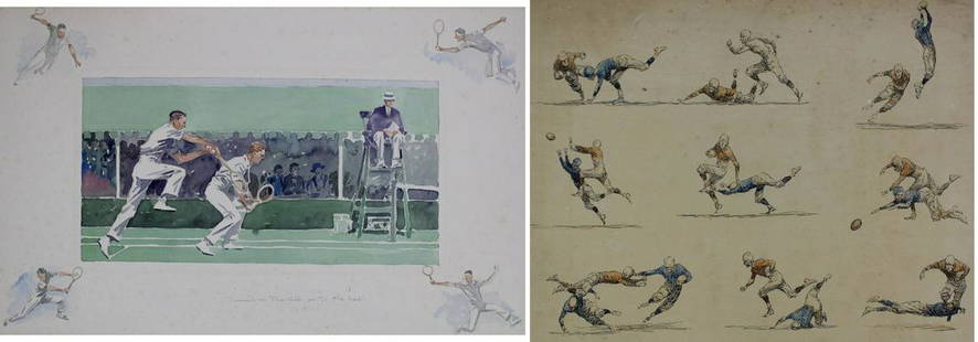 PAUL BROWN (AMERICAN, 1893-1958).: ESTATE STAMPED >>(Group of 2) Tennis Scene & Football Study. Watercolor on paper (Tennis) & pen and ink on board (Football). Unsigned. Each with artist's estate stamp. Tennis is titled in pencil at lo