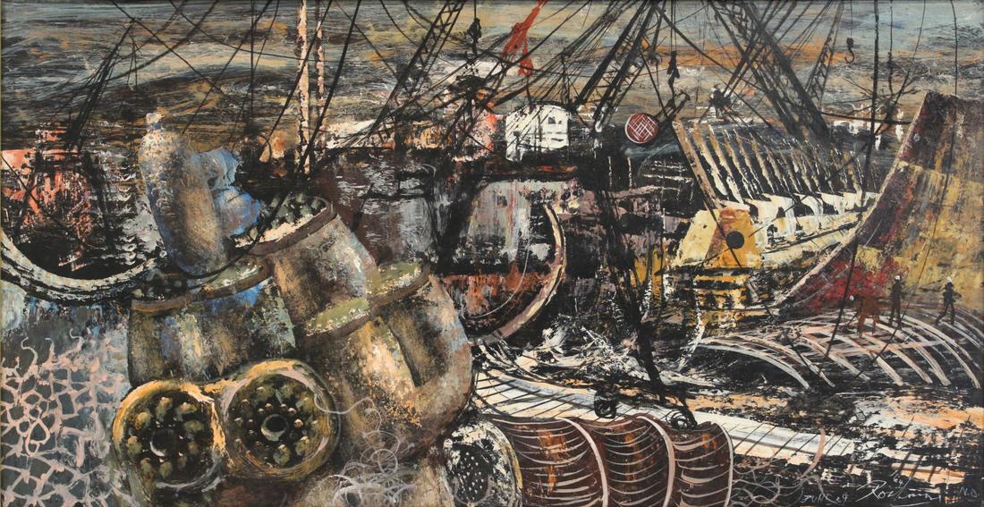 NOEL ROCKMORE (AMERICAN, 1928-1995).: Shipyard. Oil on masonite. 1964. Signed, dated, and inscribed at lower right. From a Larchmont, NY estate. - Dimensions: 19.75" h x 37.75" w.