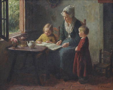 BERNARD POTHAST (DUTCH, 1882-1966).: Mother and Children Reading. Oil on canvas. Signed at lower right. Continental Galleries, Montreal, label verso. From a Hartsdale, NY estate. - Dimensions: 16" h x 20" w.