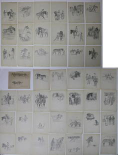 PAUL BROWN (AMERICAN, 1893-1958).: ESTATE STAMPED >> (Grouping of 45) Horse / Equestrian illustrations. 44 are pencil on paper; 1 is a lithograph. Unsigned. Each with artist's estate stamp. The lithograph (of a horse race) has a plate