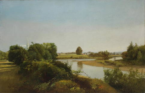 WILLIAM M. HART (AMERICAN, 1823-1894).: Landscape with Church and River. Oil on canvas. Signed and dated 1857 at lower left. From a Long Island, NY estate. - Dimensions: 18" h x 28" w.